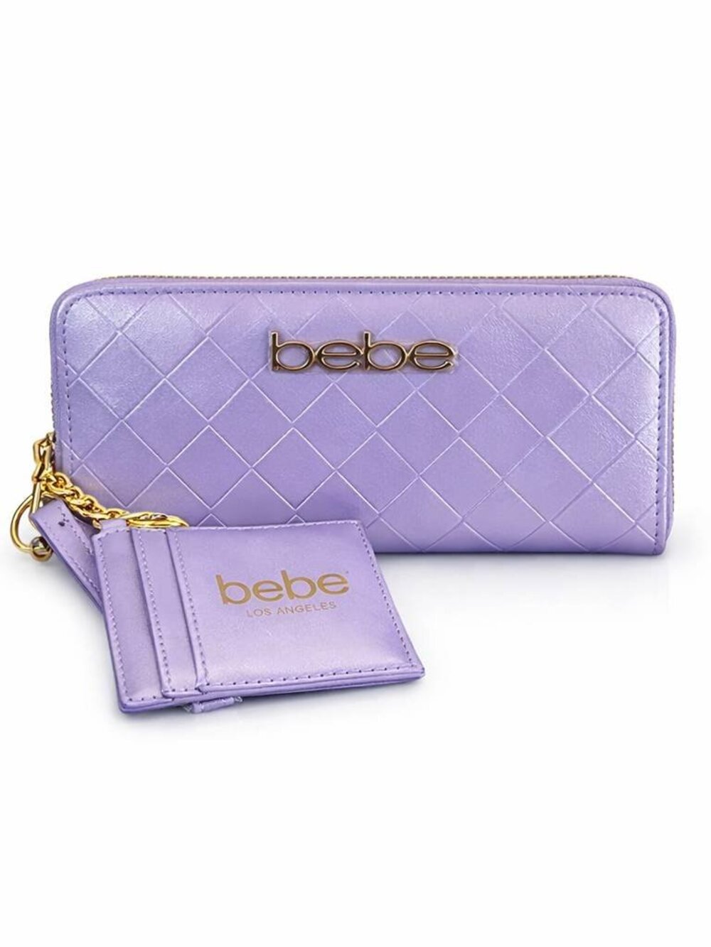 bebe Lavendar Quilted Wallet & Cardholder Gold Logo Zipper Summer 2026 Luxe
